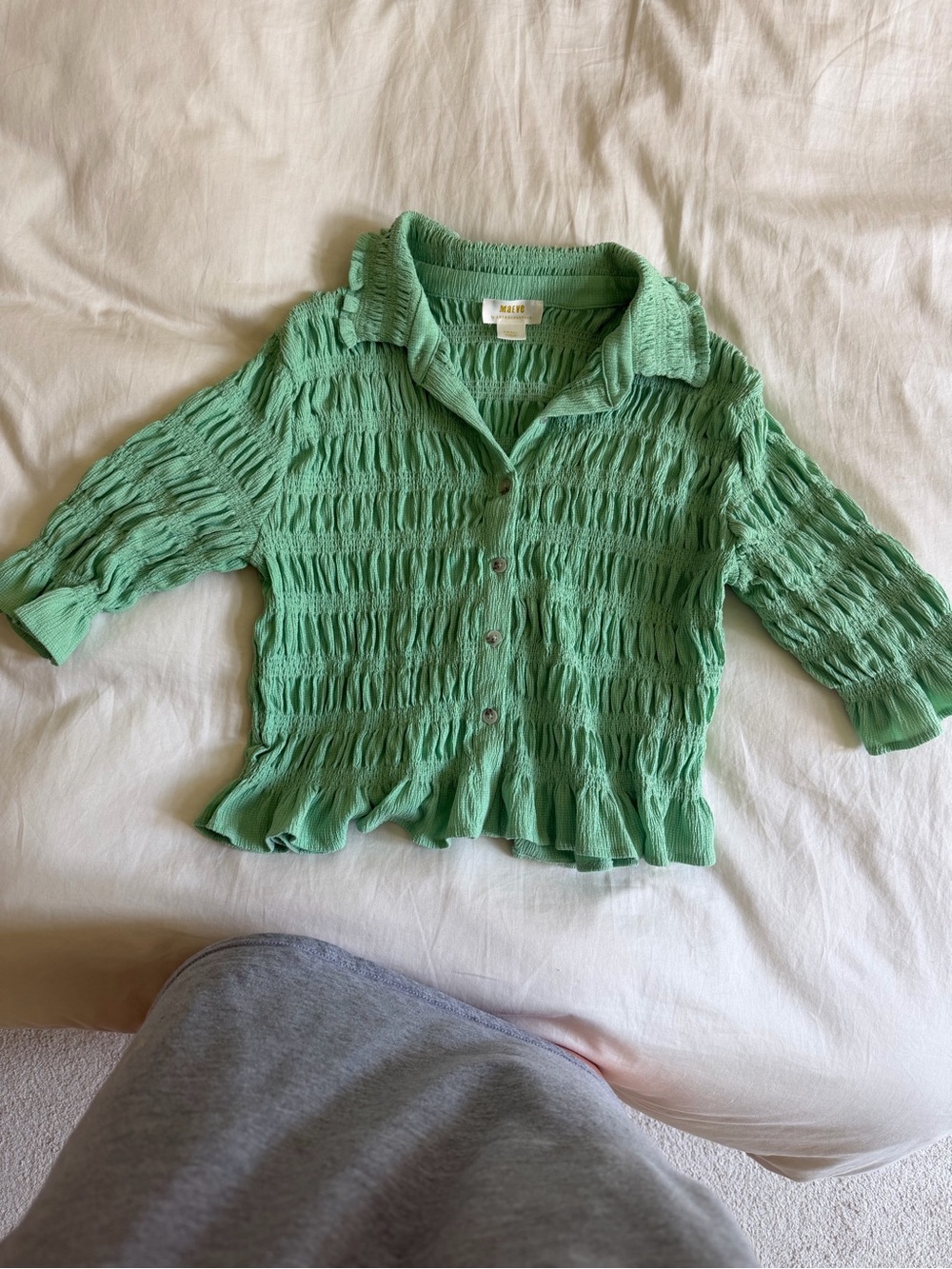 Anthropologie Green Smocked Ruffle Button-Up Blouse
